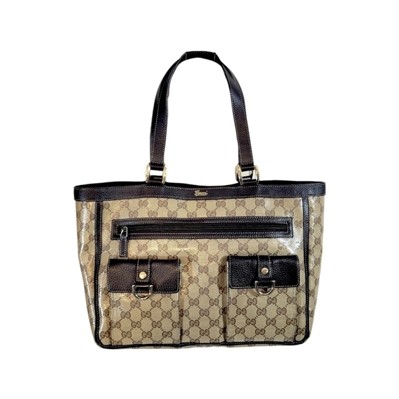 Gucci Abbey Brown & Beige Crystal Wax Canvas Monogram Pocket Tote - Picture 1 of 14
